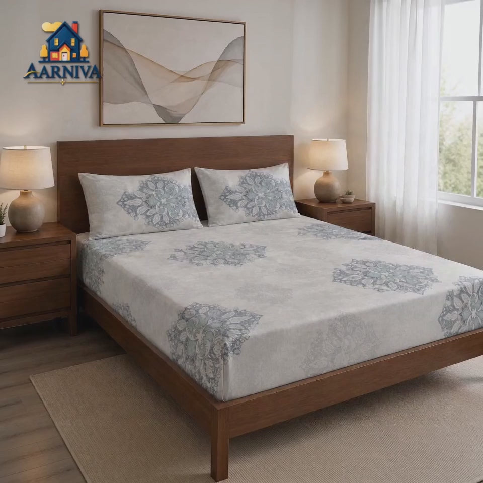 Aarniva 100% Cotton Ornamental Bedsheet Set | King/Queen | Soft & Breathable | Misty Blue Medallion | 6-Piece Set