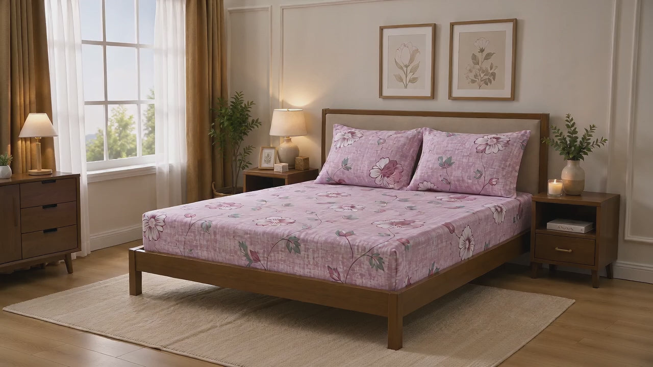 Aarniva 100% Cotton Blossom Vine Bedsheet Set | King/Queen | Soft & Breathable | Rose Blush | 200 TC | 6-Piece Set