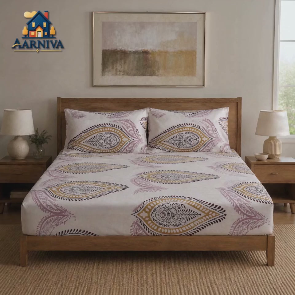Aarniva 100% Cotton Paisley Bedsheet Set | King/Queen | Soft & Breathable | Ivory Rose Paisley | 6-Piece Set