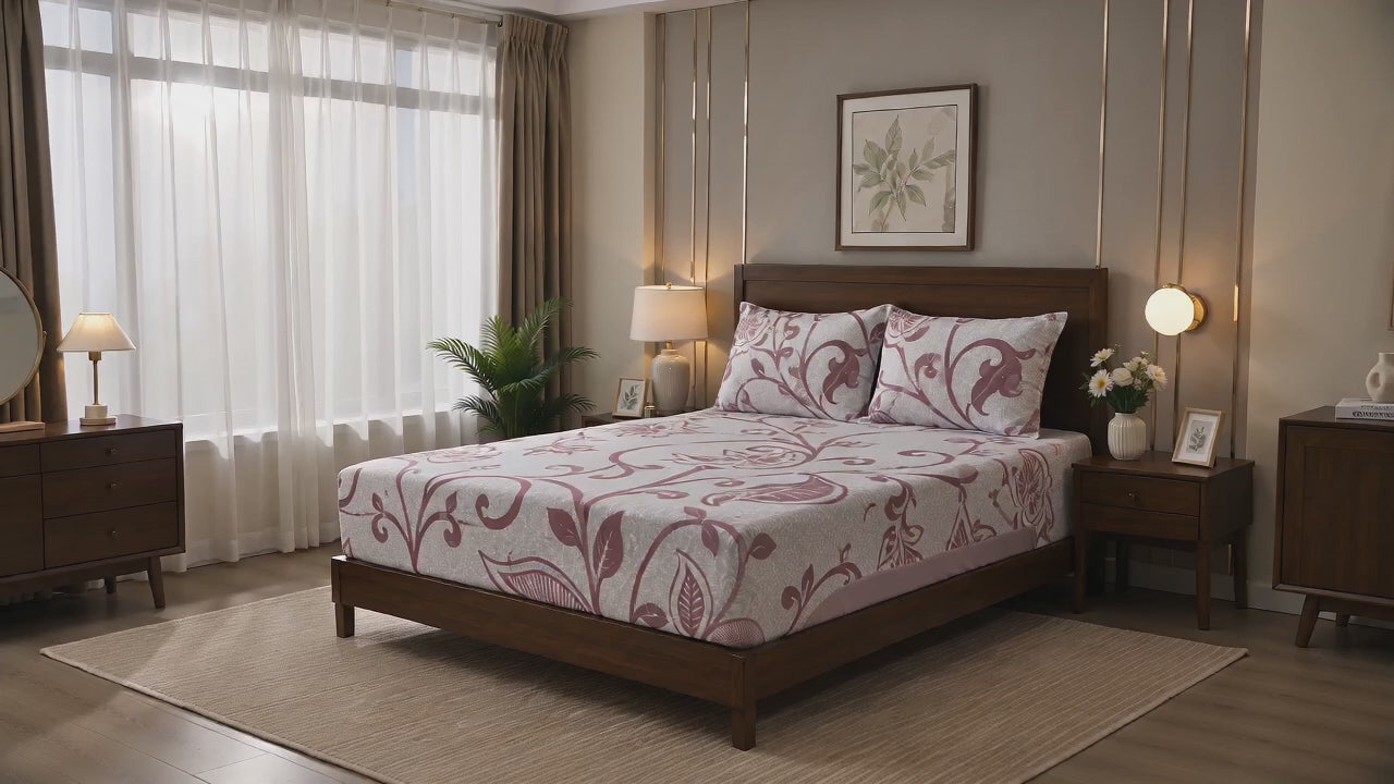 Aarniva 100% Cotton Floral Scroll Bedsheet Set | King/Queen | Soft & Breathable | Dusty Mauve | 200 TC | 6-Piece Set