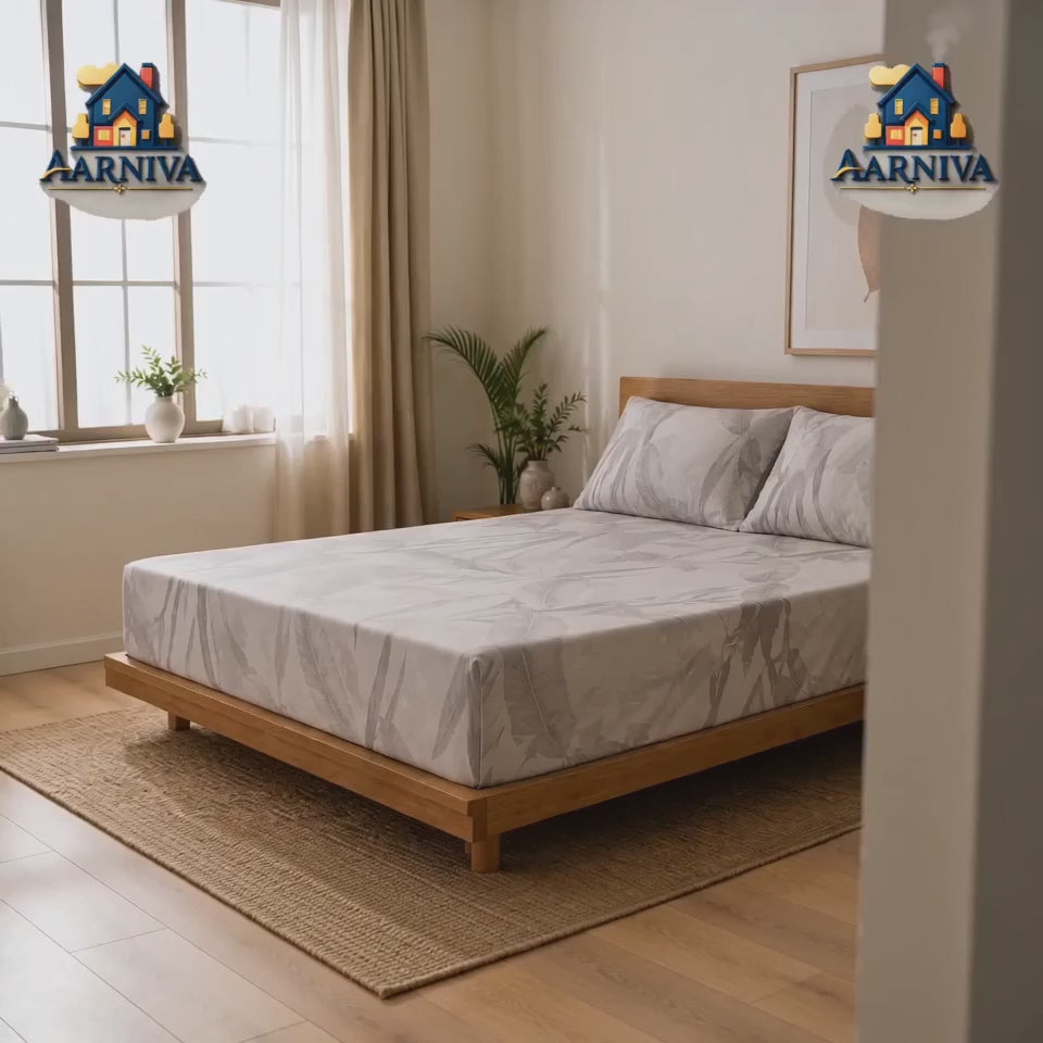 Aarniva 100% Cotton Botanical Bedsheet Set | King/Queen | Soft & Breathable | Ivory Taupe Botanical Leaf | 6-Piece Set