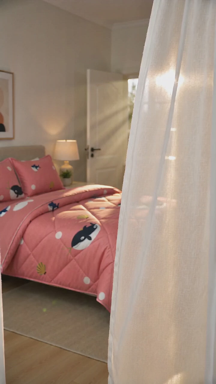 Aarniva Breathable Polyester Whale Wishes Comforter Set | Double/Twin | 250 GSM | Ultra-Soft & Cozy | Coral Pink | 5-Piece Set