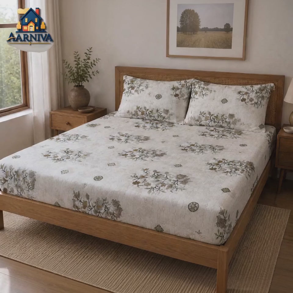 Aarniva 100% Cotton Floral Bedsheet Set | King/Queen | Soft & Breathable | Ivory Olive Botanical | 6-Piece Set