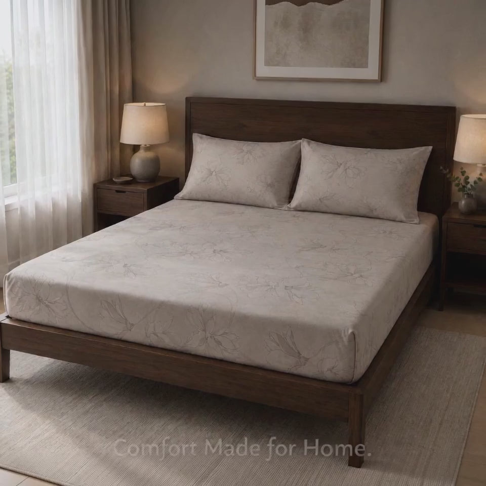 Aarniva 100% Cotton Floral Bedsheet Set | King/Queen | Soft & Breathable | Soft Taupe Blossom | 6-Piece Set
