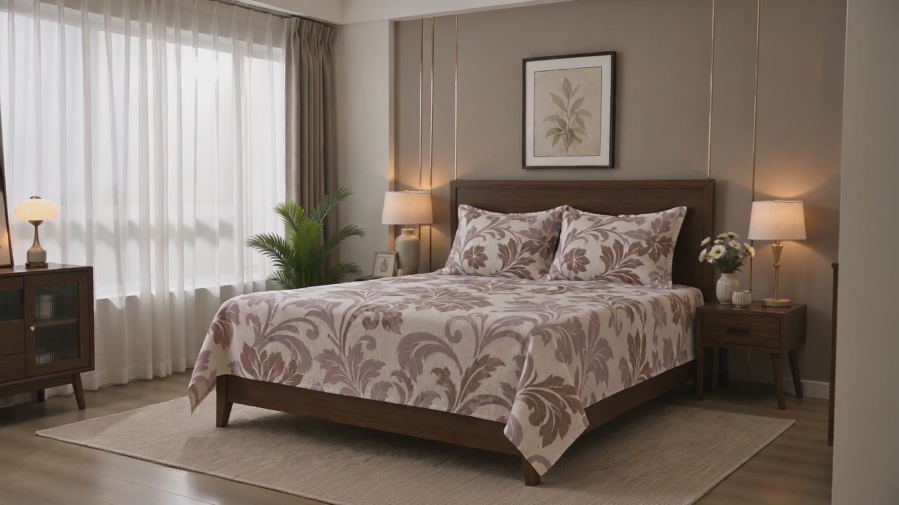 Aarniva 100% Cotton Two-Tone Damask Bedsheet Set | King/Queen | Soft & Breathable | Mocha Mauve | 200 TC | 6-Piece Set