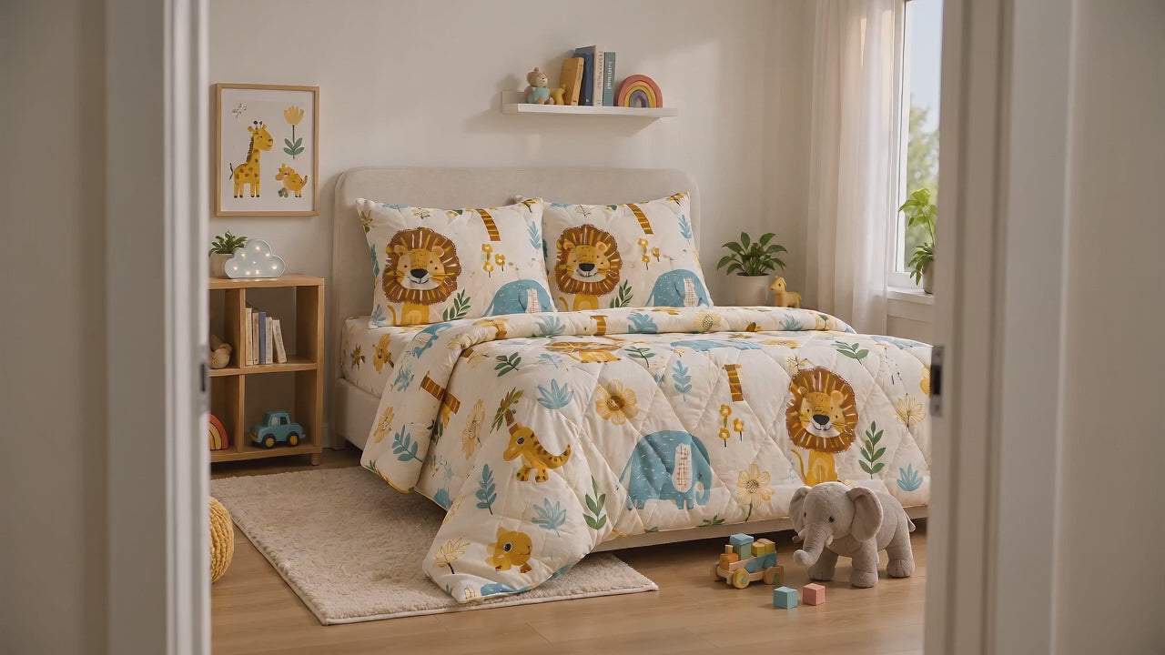 Aarniva Breathable Polyester Safari Friends Comforter Set | King/Queen | 250 GSM | Ultra-Soft & Cozy | Pastel Garden | 5-Piece Set