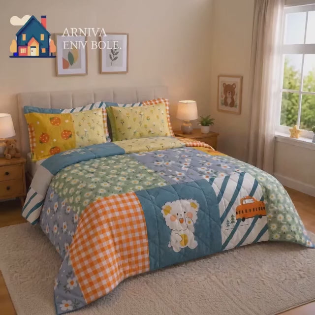 Aarniva Breathable Polyester Floral Patchwork Garden Comforter Set | Double/Twin | 250 GSM | Ultra-Soft & Cozy | Flower Patch | 5-Piece Set