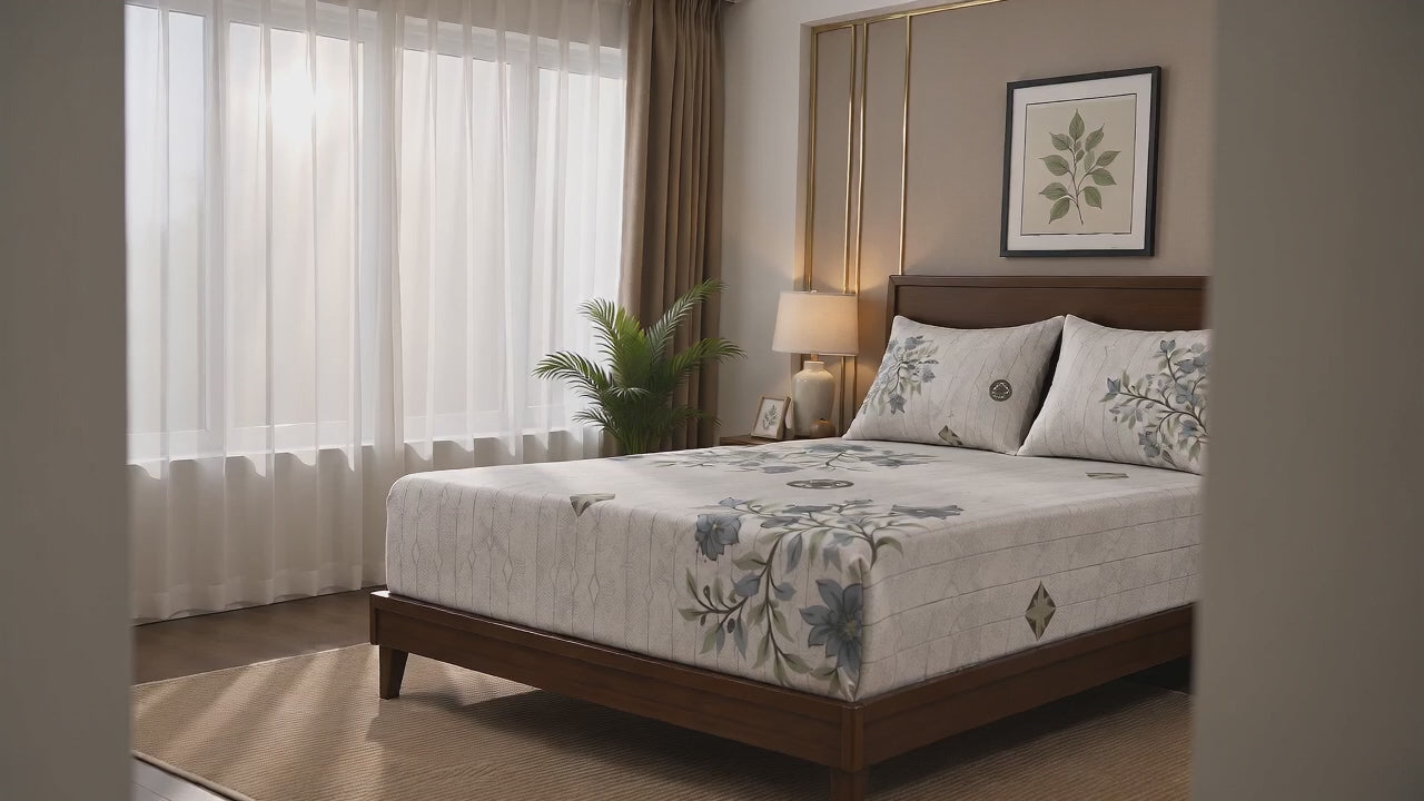 Aarniva 100% Cotton Botanical Floral Bedsheet Set | Soft & Breathable | Misty Blue | 200 TC | 6-Piece Set
