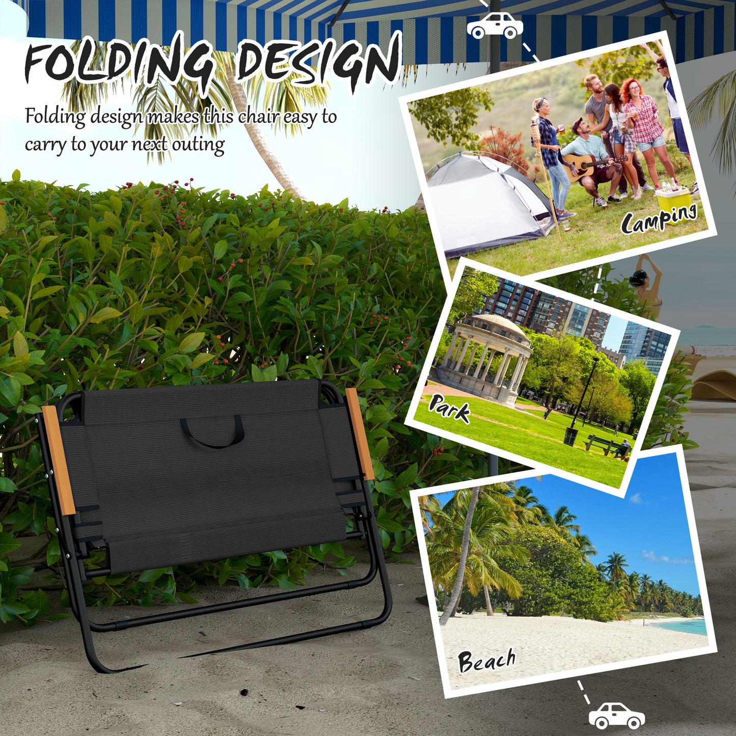 Outsunny Double Folding Chair, Loveseat Camping Chair for 2 Person, Portable Outdoor Chair with Wood Armrest for Fishing Travel, Green