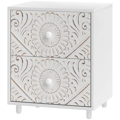 HOMCOM Mid-Century Bedside Table, Nightstand with 2 Drawers, Side End Table for Bedroom, White