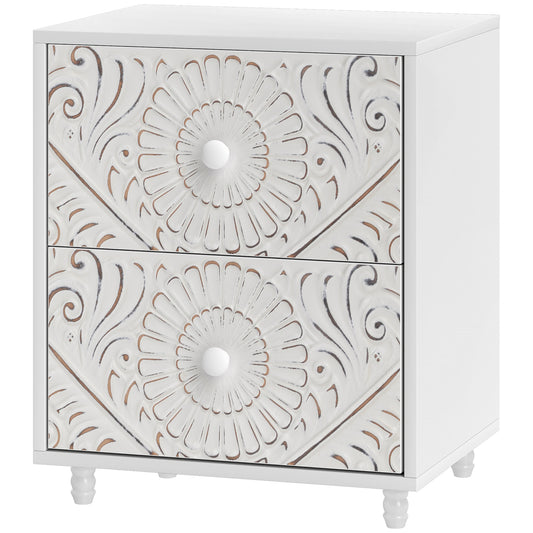 HOMCOM Mid-Century Bedside Table, Nightstand with 2 Drawers, Side End Table for Bedroom, White