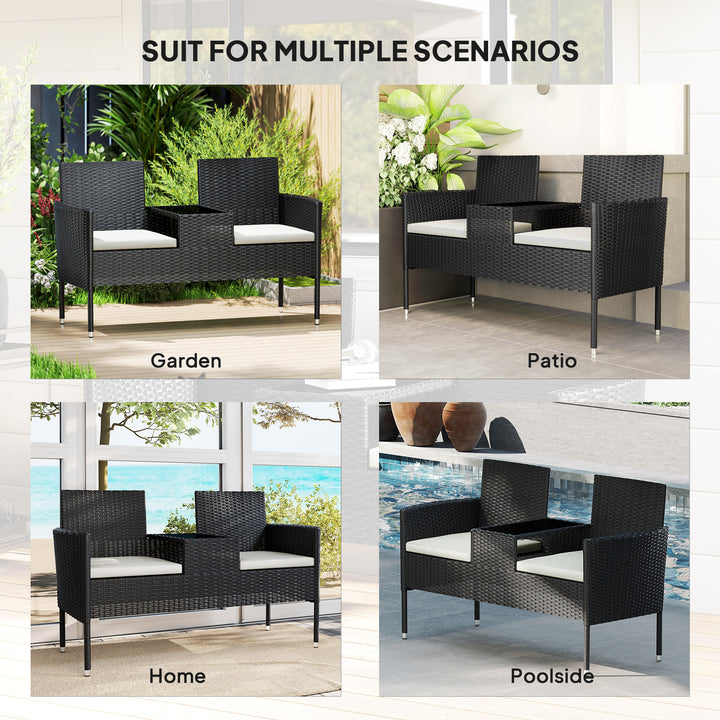 Outsunny Patio Furniture w/ Mid-Table PE Rattan Loveseat w/ Cushion, Cream White