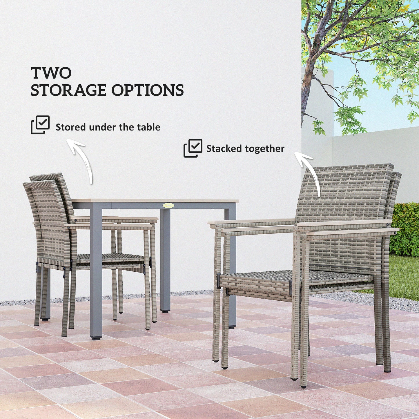 Outsunny 5 Pieces Wicker Outdoor Furniture Set, Rattan Patio Dining Set with Cushions, Umbrella Hole for Garden Backyard, Grey