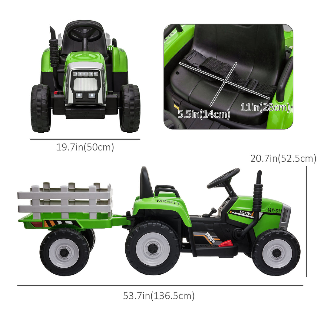 Aosom 12V Kids Ride on Tractor with Trailer, Remote Control, Music Start up Sound and Horn, USB, LED Lights, Red