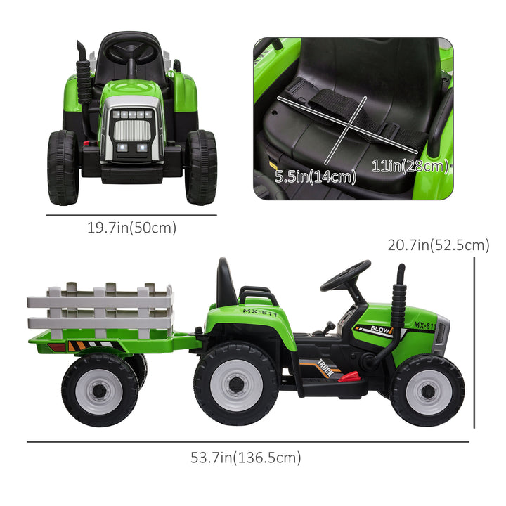 Aosom 12V Kids Ride on Tractor with Trailer, Remote Control, Music Start up Sound and Horn, USB, LED Lights, Red