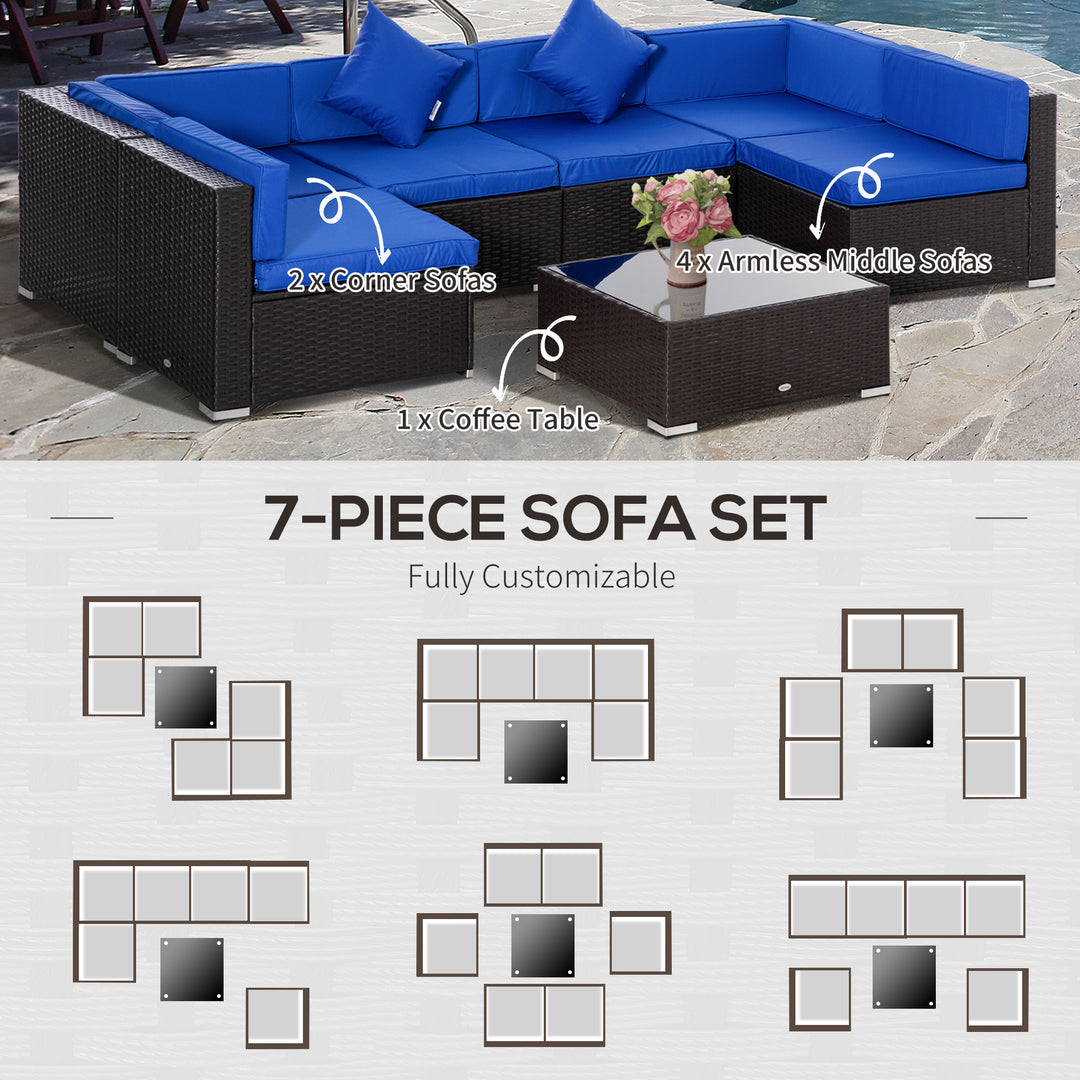 Outsunny 7 Pieces Outdoor Rattan Furniture Set, Patio Wicker Sectional Conversation Sofa Set, Blue