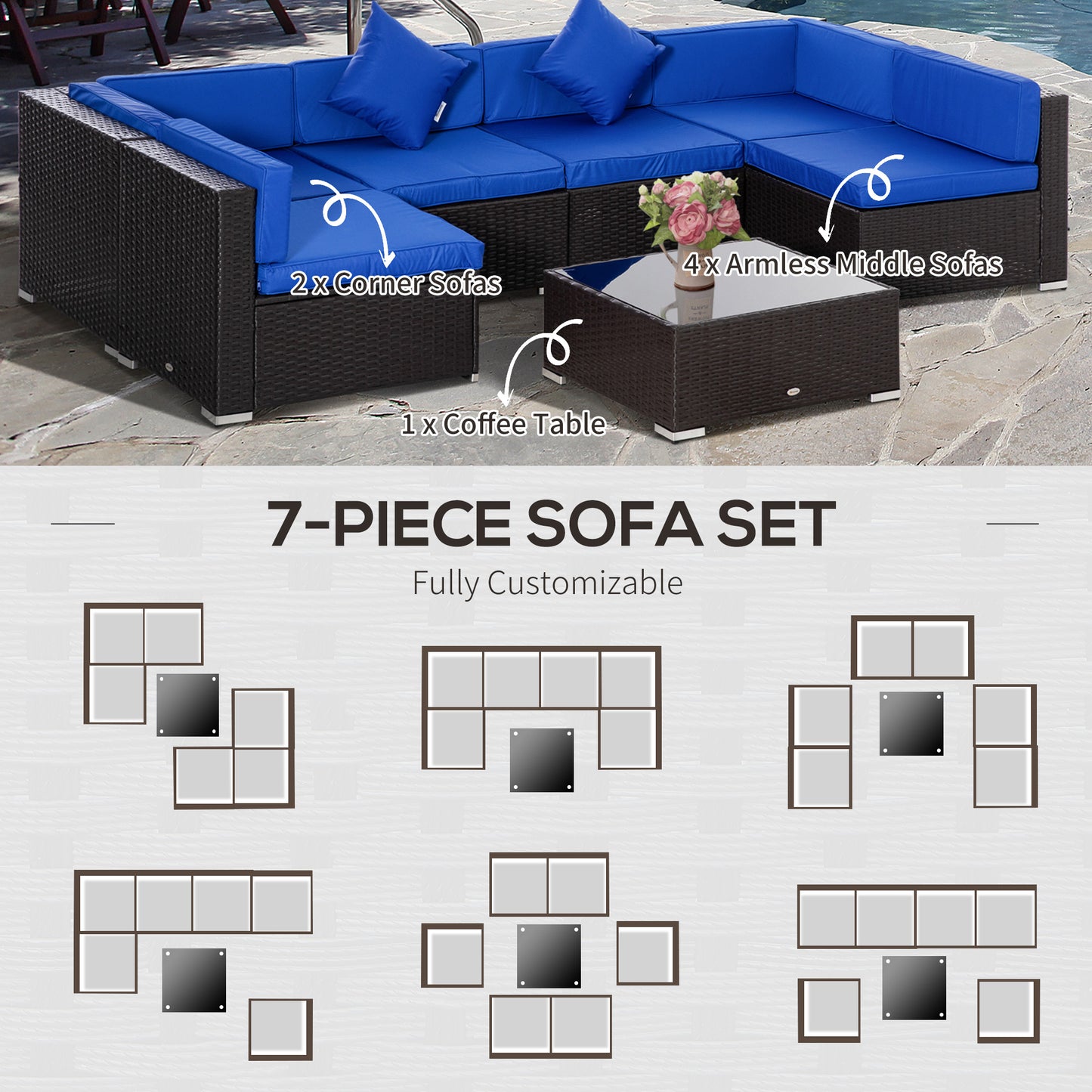 Outsunny 7 Pieces Outdoor Rattan Furniture Set, Patio Wicker Sectional Conversation Sofa Set, Blue