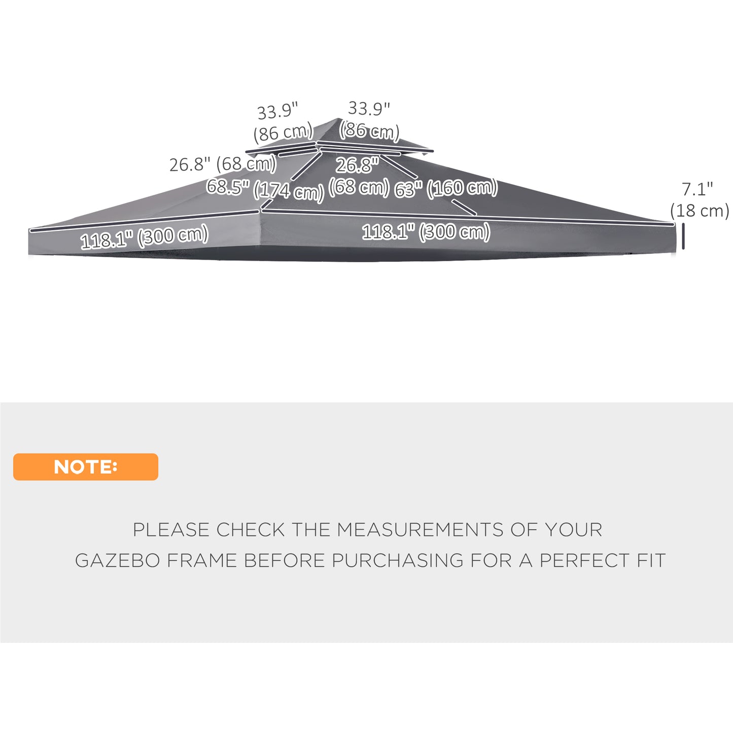 Outsunny 10' x 10' Square 2-Tier Gazebo Canopy Replacement Top Cover Outdoor Garden Sun Shade, Charcoal Grey