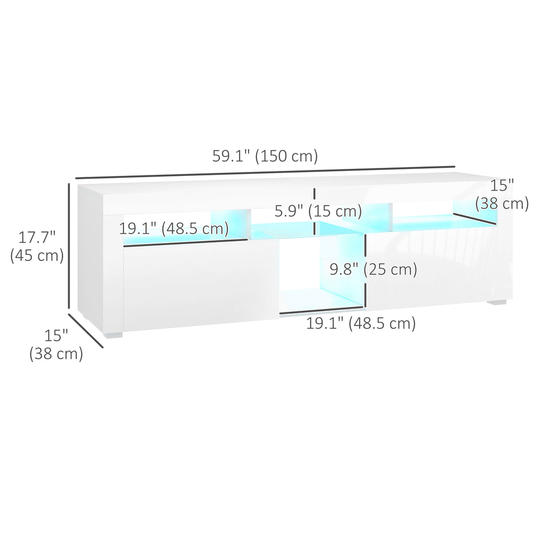 HOMCOM Modern TV Stand with Storage and LED Lights for TVs up to 55", TV Cabinet with Open Compartments, High Gloss White