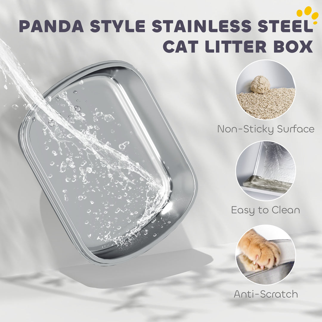 PawHut Panda Style XL Stainless Steel Cat Litter Box with Lid, Enclosed Kitty Litter Box with Scoop, 23.7" x 15.9" x 17.6"