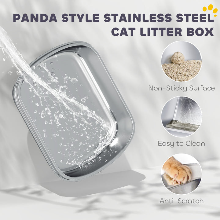 PawHut Panda Style XL Stainless Steel Cat Litter Box with Lid, Enclosed Kitty Litter Box with Scoop, 23.7" x 15.9" x 17.6"