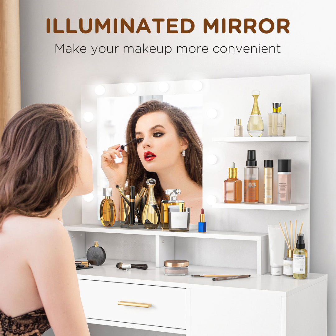 HOMCOM Illuminated Dressing Table Set, LED Vanity Table Set with Stool, LED Mirror, Drawer and Cabinet Shelves for Bedroom