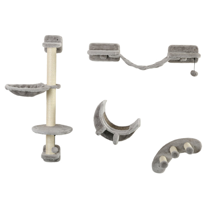 PawHut 4Pcs Cat Wall Shelf with Scratching Post, Cat Wall Shelves for Relaxing, Climbing, Cat Wall With Soft Ladder, Hammock, Play Balls, Grey