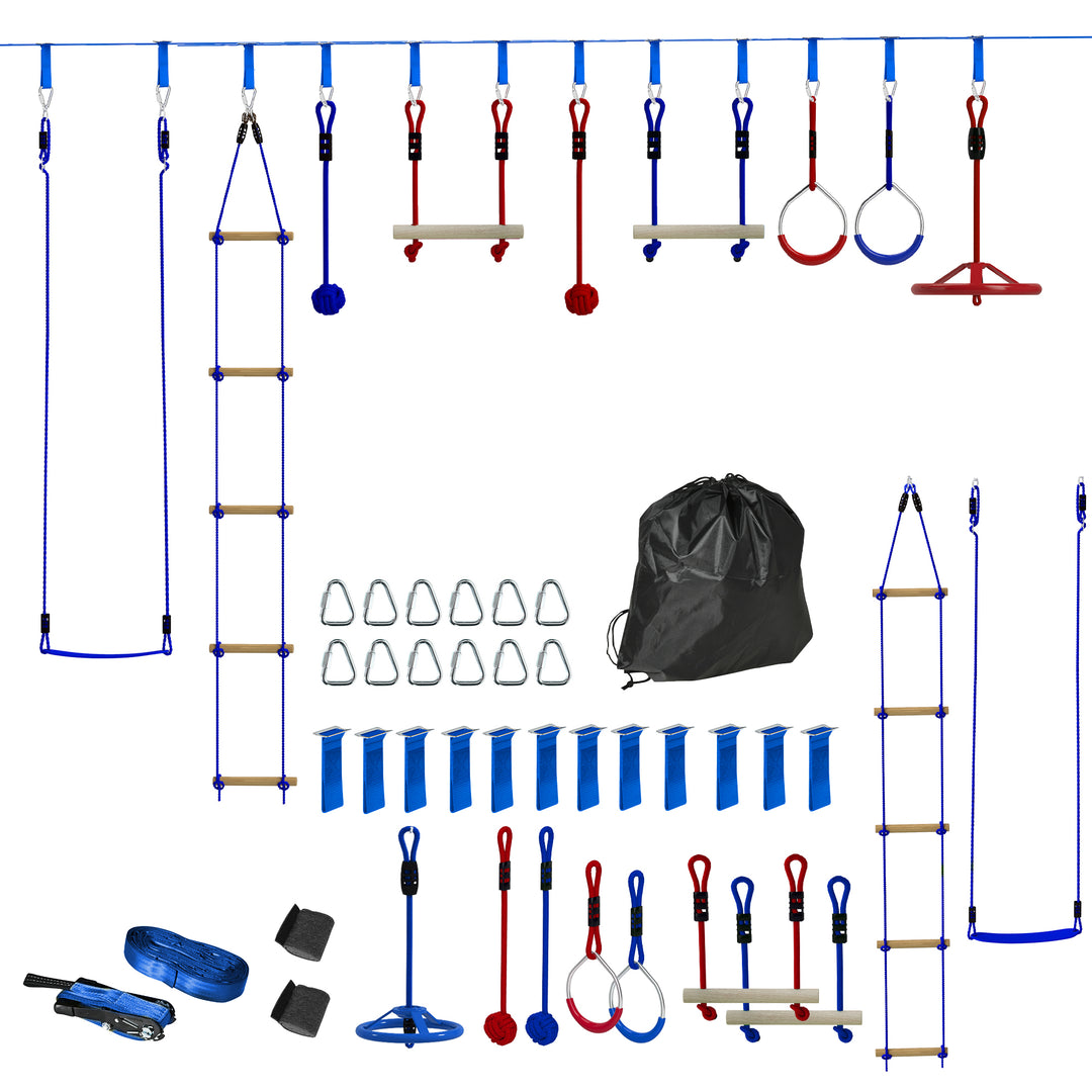 Qaba 32.8' Ninja Warrior Obstacle Course for Kids 3-6 Years, with Swing, Monkey Bars, Climbing Ladder, Gym Rings, Blue