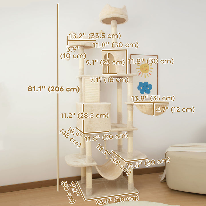 PawHut 81" Large Cat Tree w/ Scratching Posts, Condos, Beds, Hammocks, Jumping Platforms, Toy Balls, Rope Cat Toy, Dark Grey