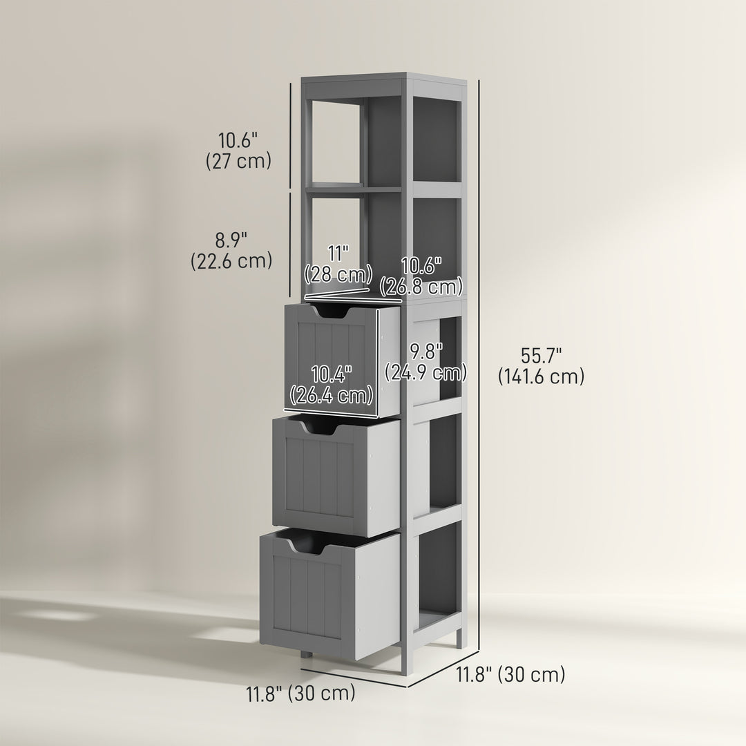 kleankin Narrow Bathroom Cabinet with 3 Drawers and 2 Tier Shelf, Tall Cupboard Freestanding Linen Tower, White