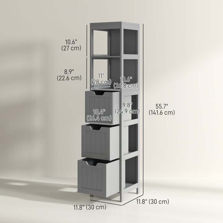 kleankin Narrow Bathroom Cabinet with 3 Drawers and 2 Tier Shelf, Tall Cupboard Freestanding Linen Tower, White