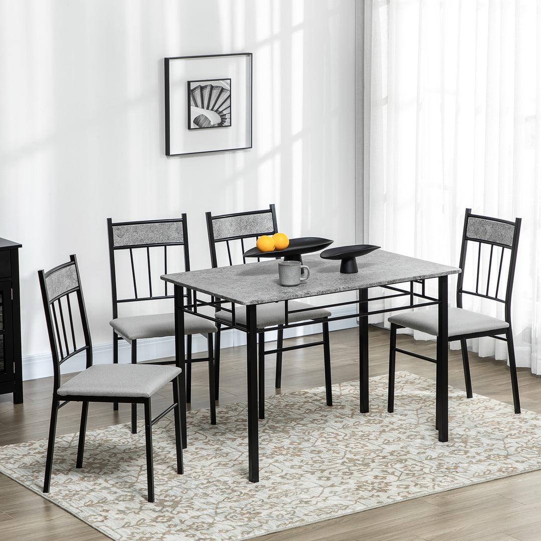 HOMCOM 5 Pieces Diner Tables Dining Room Sets for 4 People with Marble Effect Tabletop Padded Chairs and Metal Frame Grey