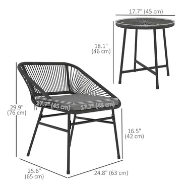 Outsunny 3 Piece Bistro Set, Wicker Outdoor Patio Furniture Set with Glass Top Table, Cushions for Balcony, Porch, Black