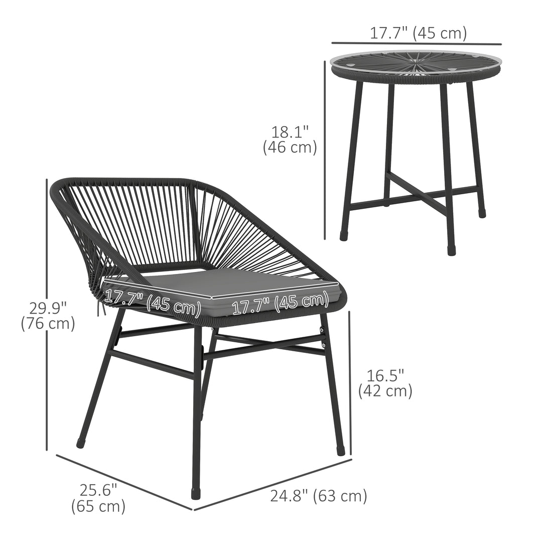Outsunny 3 Piece Bistro Set, Wicker Outdoor Patio Furniture Set with Glass Top Table, Cushions for Balcony, Porch, Black