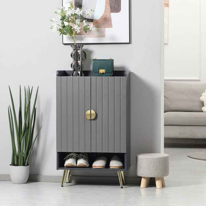 HOMCOM Entryway Shoe Storage Cabinet, Narrow Shoe Cabinet with Adjustable Shelves and Open Shelf for 15 Pairs of Shoes, Grey