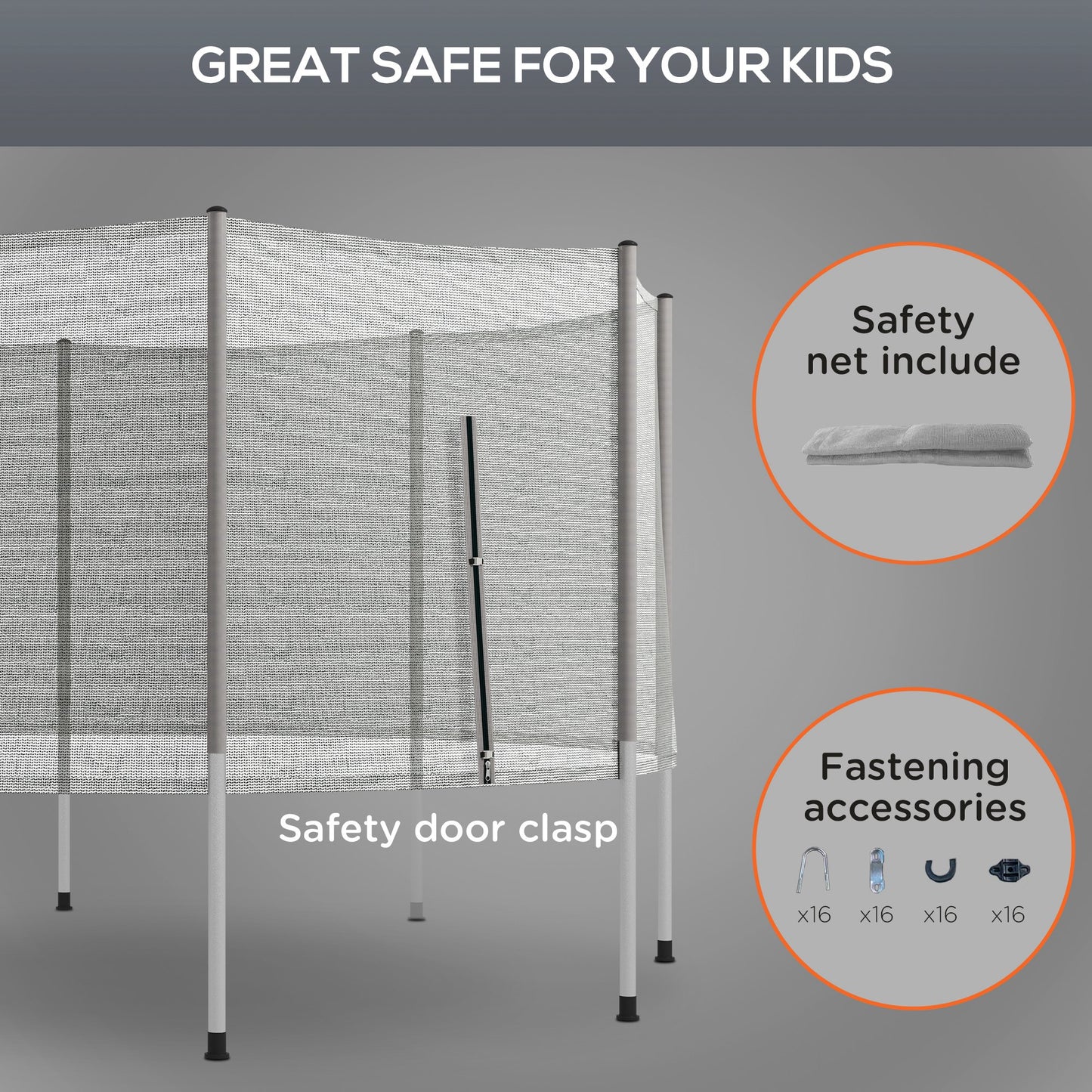Soozier 14FT Enclosure Trampolining Bounce Safety Accessories Trampoline Net with 8 Poles, Grey