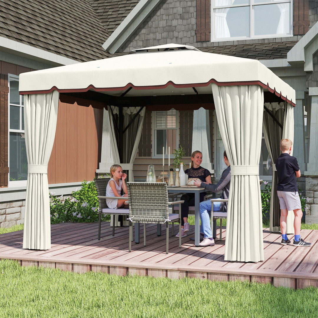 Outsunny 10' x 10' Outdoor Patio Gazebo Double Soft-top Garden Shelter Tent with Curtains, & Mesh Screen Drapes, Brown