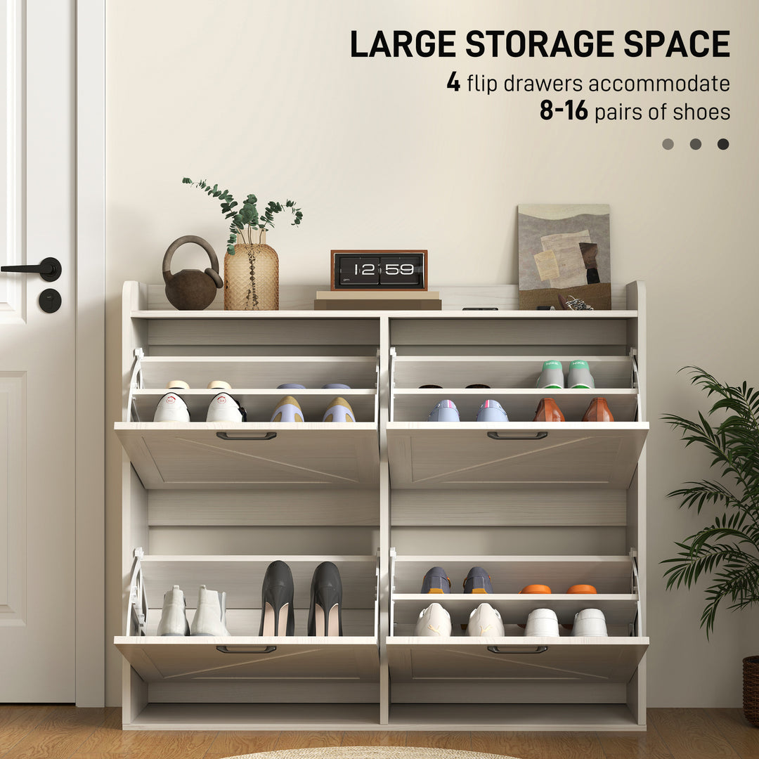 HOMCOM Narrow Shoe Storage Cabinet with 4 Flip Drawers, Adjustable Shelves, 16 Pair Farmhouse Shoe Cabinet, Rustic Brown