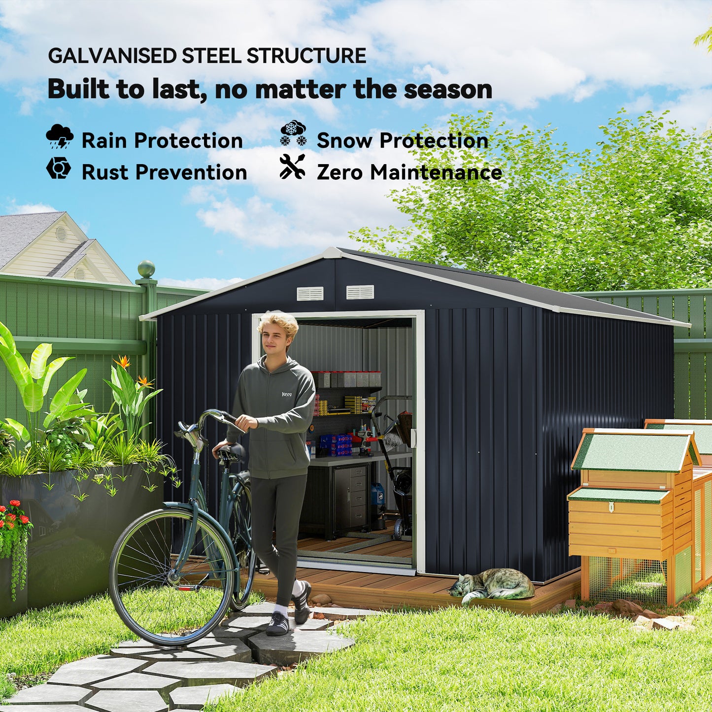 Outsunny 9.1'x6.4'x6.3' Garden Storage Shed w/ Floor Foundation Metal Tool Storage House w/ Double Doors Dark Grey Yellow