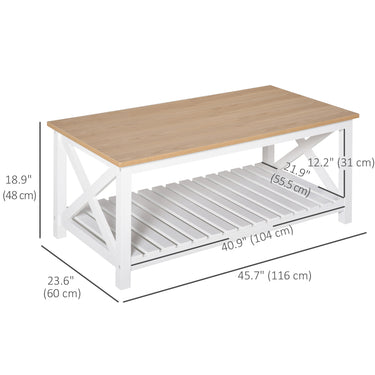 HOMCOM Farmhouse Coffee Table with Slatted Bottom Shelf, Center Table with X Bar Frame for Living Room, White, Natural