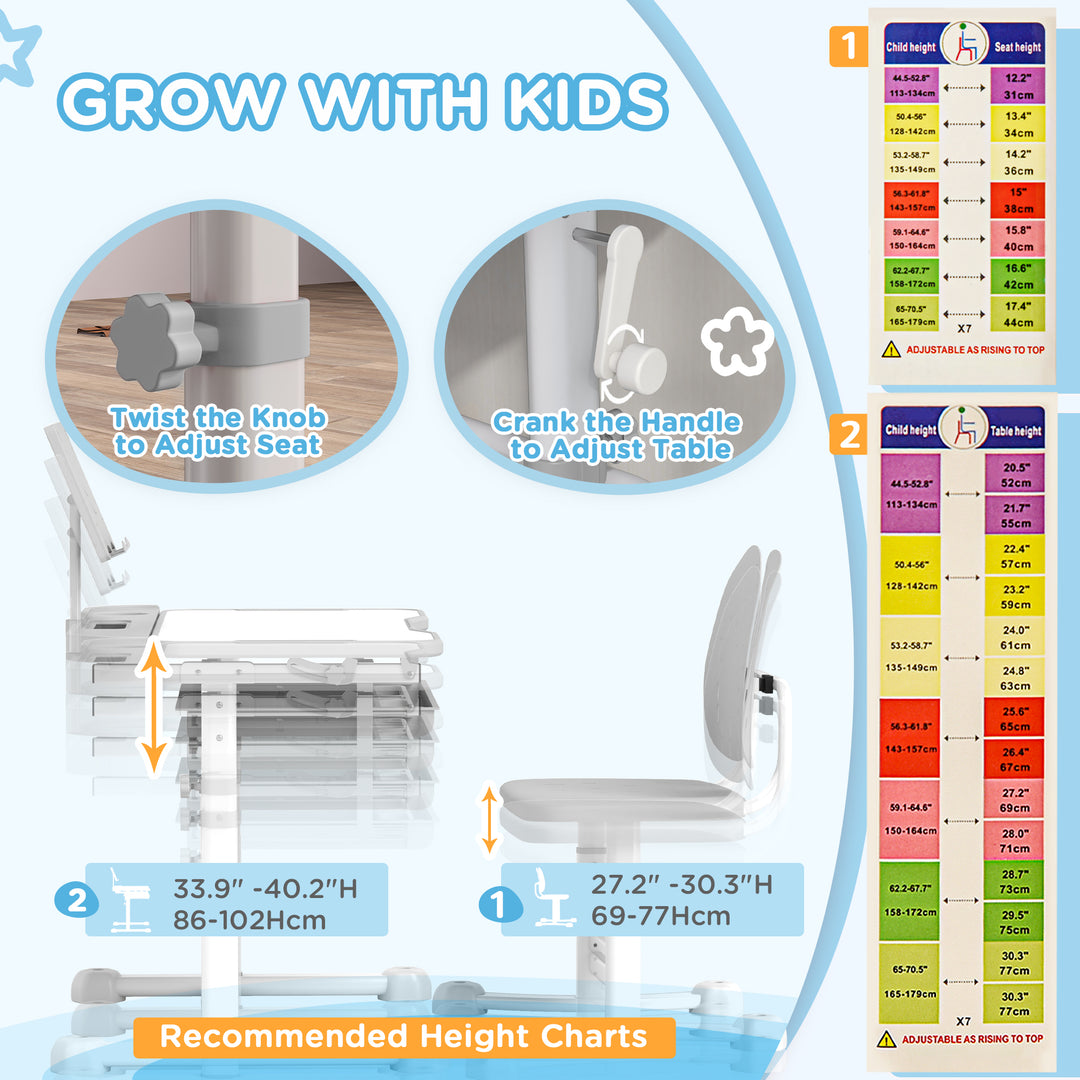 Qaba Height Adjustable Kids Desk and Chair Set with Tilt Desktop, Large Writing Board, Storage Drawer, Book Stand, Blue
