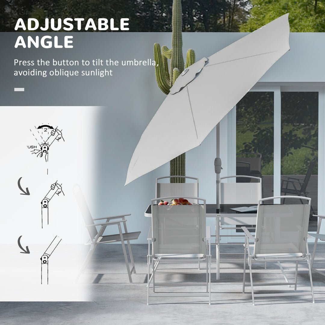 Outsunny 8 Piece Patio Set with Umbrella, 6 Folding Chairs, Rectangle Table, Outdoor Dining Set for 6 with Mesh Seat, Grey