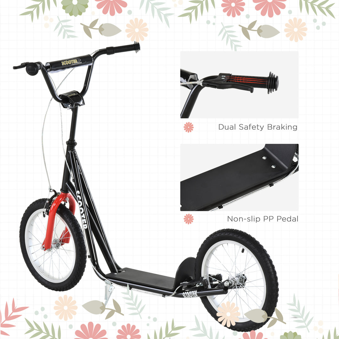 Aosom Kids Kick Scooter for 5+ Year Old, Kids Ride on Toy w/ 16'' Inflatable Wheel Dual Brakes, Black