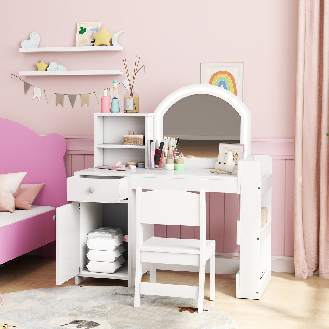 Qaba Kids Vanity Set, Toddler Dressing Table and Chair Set  with Lighted Mirror, Cabinet, Drawer and Shelves, White
