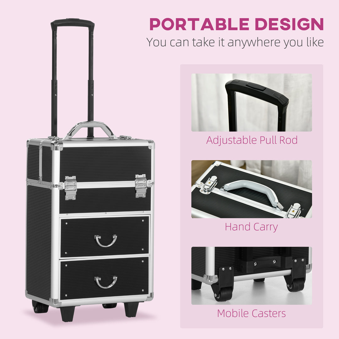 HOMCOM Rolling Makeup Case, Large Storage Cosmetic Trolley, Lockable Traveling Cart Trunk with Folding Trays, Swivel Wheels