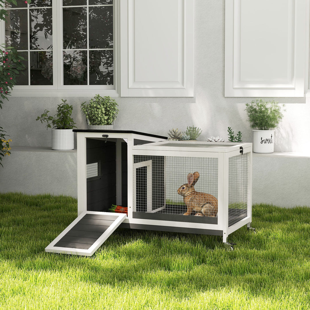 PawHut Wooden Rabbit Hutch with Pull-Out Tray, Asphalt Openable Roof, Small Animal Cage on Wheels with Run, Grey