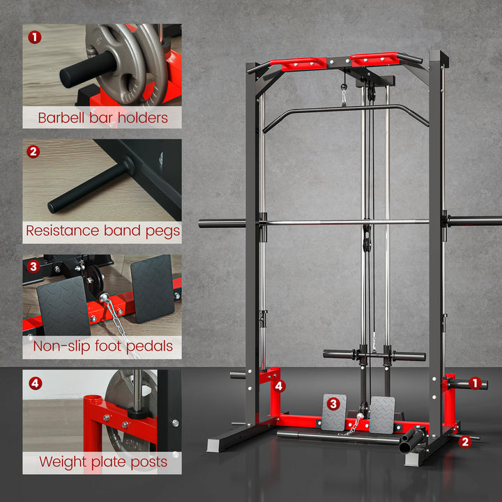 Soozier Smith Machine Power Rack with Pull Up Bar, Lat Pull Down System, Landmine, Squat Rack, Barbell Bar, for Home Gym