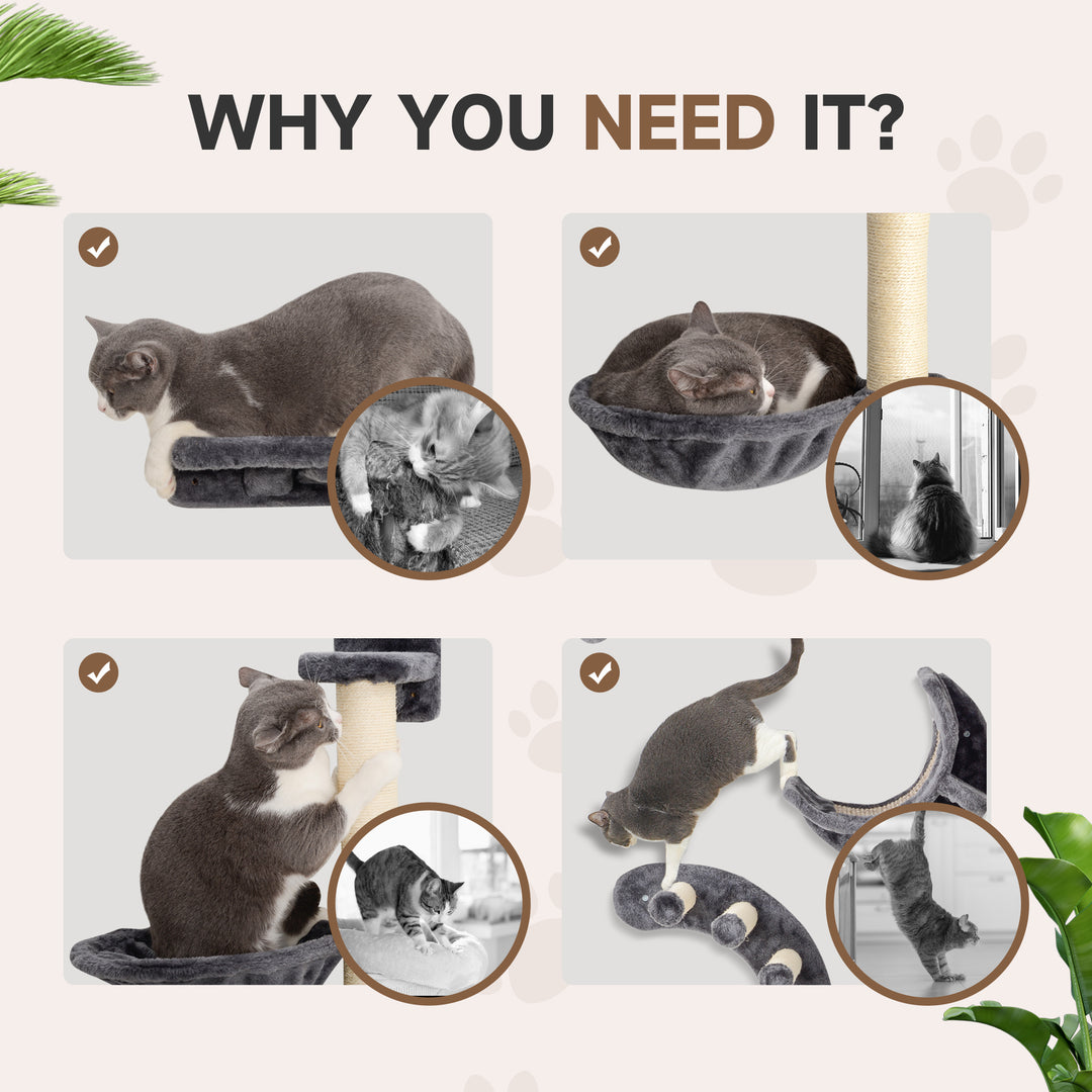 PawHut 4Pcs Cat Wall Shelf with Scratching Post, Cat Wall Shelves for Relaxing, Climbing, Cat Wall With Soft Ladder, Hammock, Play Balls, Grey
