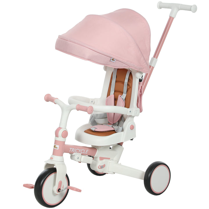 Qaba 7 in 1 Toddler Tricycle with Safety Harness, Adjustable & Removable Parent Handle, Canopy, Storage Bag, Brake, Pink