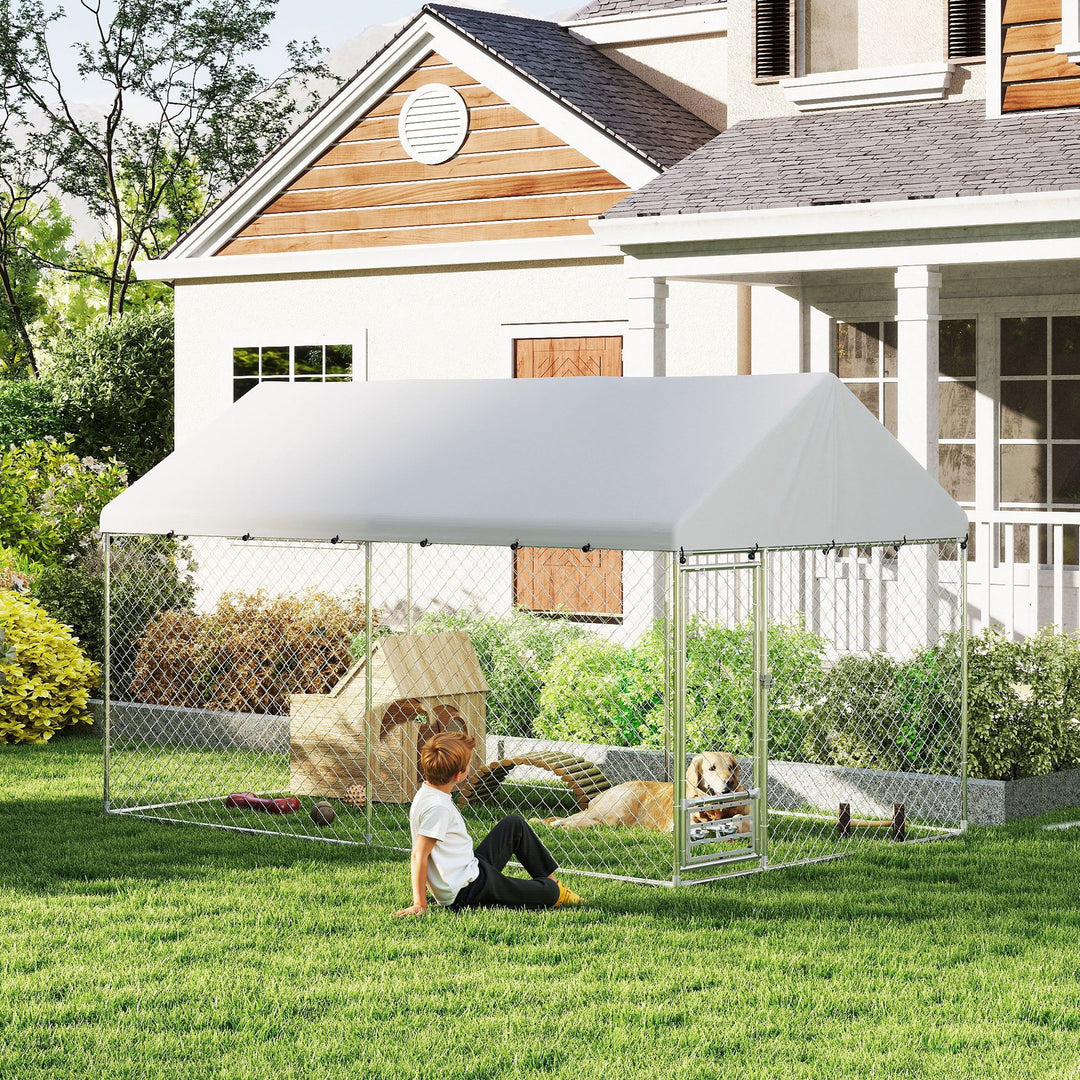 PawHut Outdoor Dog Run with Adjustable & Rotatable Bowls, Waterproof UV-Resistant Cover, Escape-Proof Lock, 13.1' x 7.5' x 7.5'